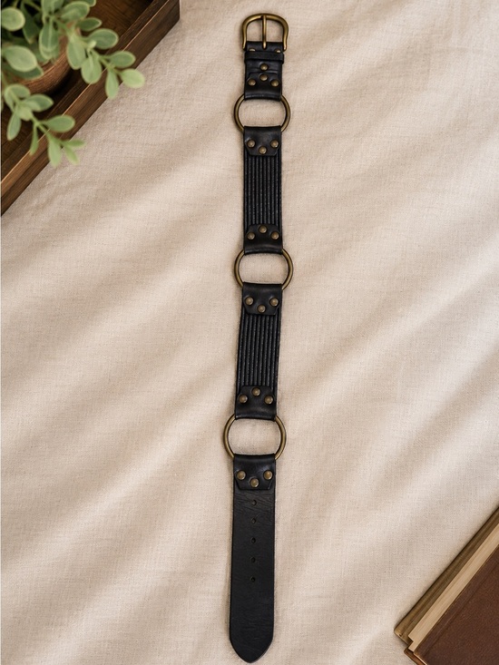 Genuine Leather Black Wide Belt Solid Brass Buckle Size S main image 4